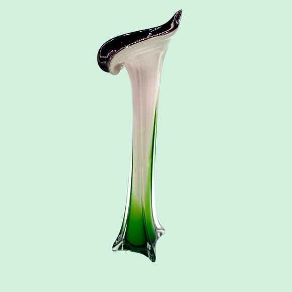 MURANO STYLE ART GLASS JACK IN THE PULPIT CALLA LILY GREEN & PURPLE VASE 15.75" - Picture 4 of 9